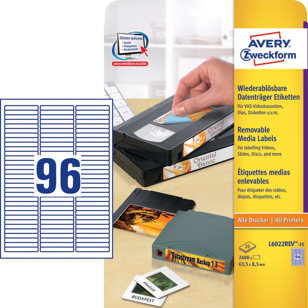 Avery L6022REV-25 – Etiketten A4 63,5 × 8,5 mm – Papier, weiss – wiederablösbar – 96/Blatt, 25 Blätter