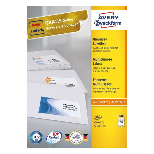 Avery Zweckform – Haftetiketten 3489, 70 mm × 30 mm, weiss, Papier, permanent, 3'000 Stk. (100 Blatt)