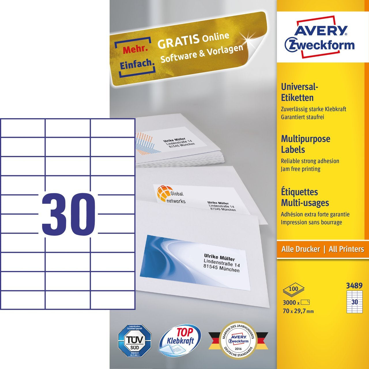 Avery Druckeretiketten, 70 mm × 30 mm, weiss, Papier, permanent, 100 Blatt (3000 Etiketten)