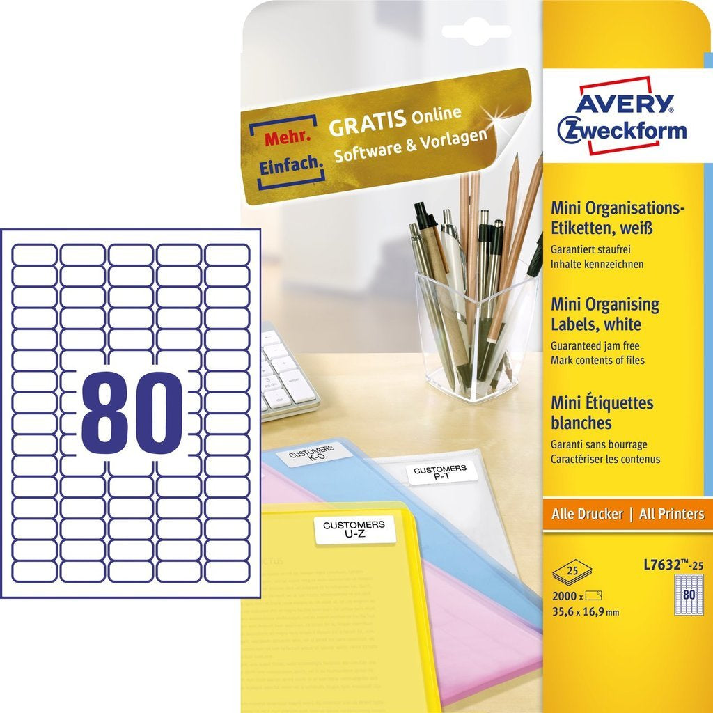 AVERY ZWECKFORM Schuletiketten – 35,6×16,9 mm, Abgerundete Ecken, 2000 Stk, 25 Bogen, Papier