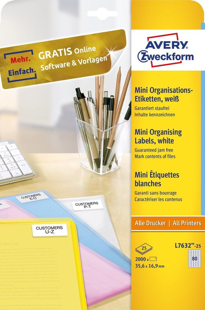 AVERY ZWECKFORM Schuletiketten – 35,6×16,9 mm, Abgerundete Ecken, 2000 Stk, 25 Bogen, Papier