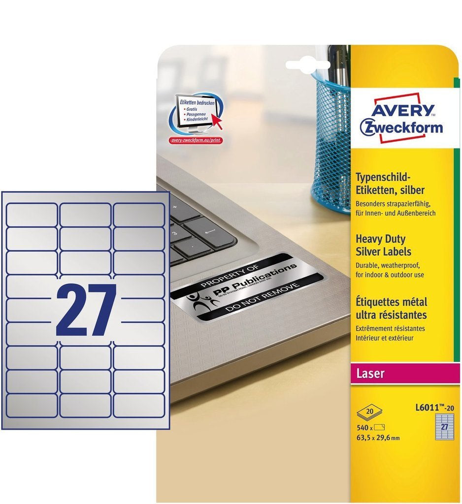 Avery Typenschild-Etiketten, 64 mm × 30 mm, silber, Folie, permanent, 540 Etiketten (20 Blatt)