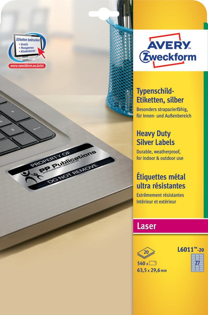 Avery Typenschild-Etiketten, 64 mm × 30 mm, silber, Folie, permanent, 540 Etiketten (20 Blatt)