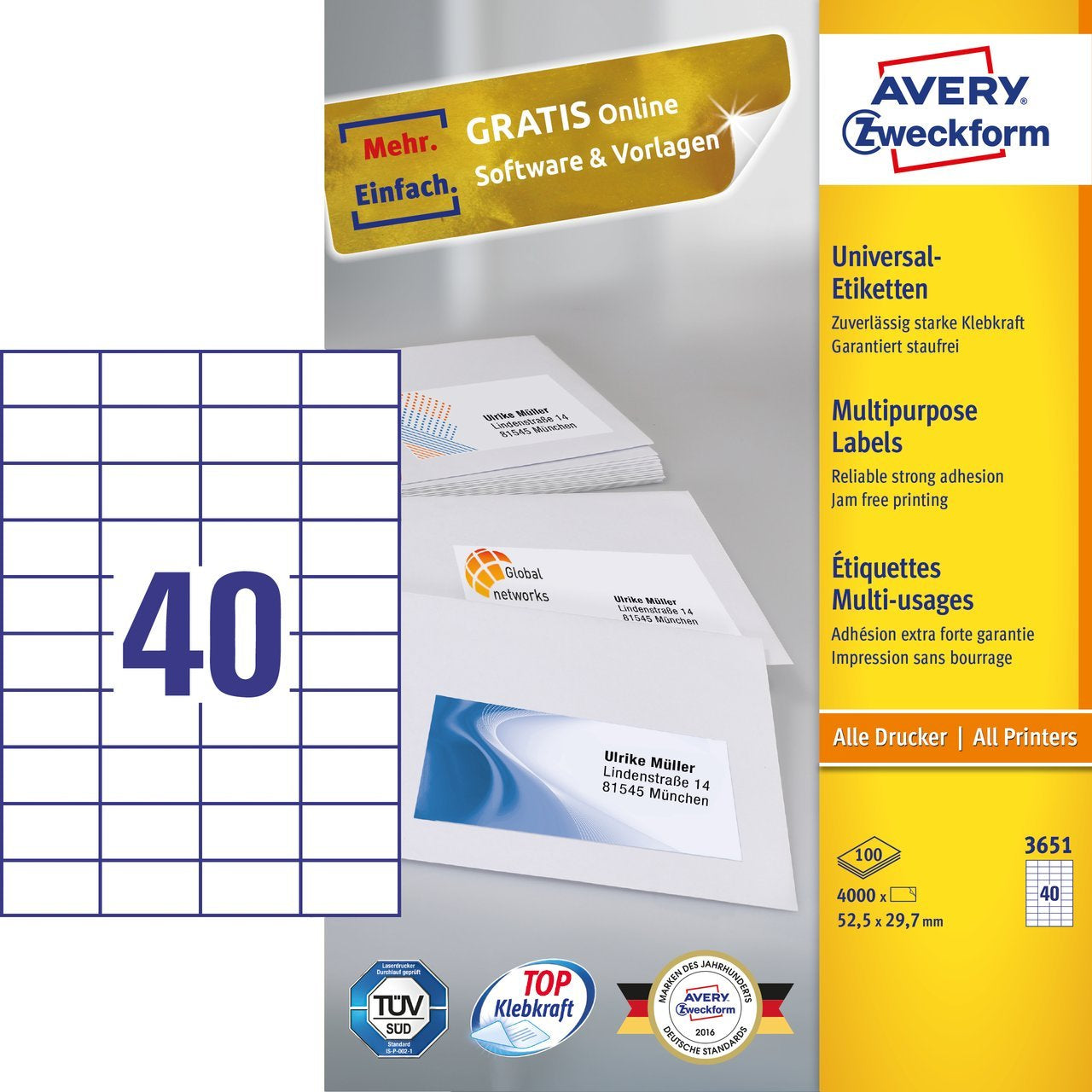 AVERY ZWECKFORM Schuletiketten – 52,5 × 29,7 mm, 4000 Stk, 100 Bogen, Papier, permanent haftend