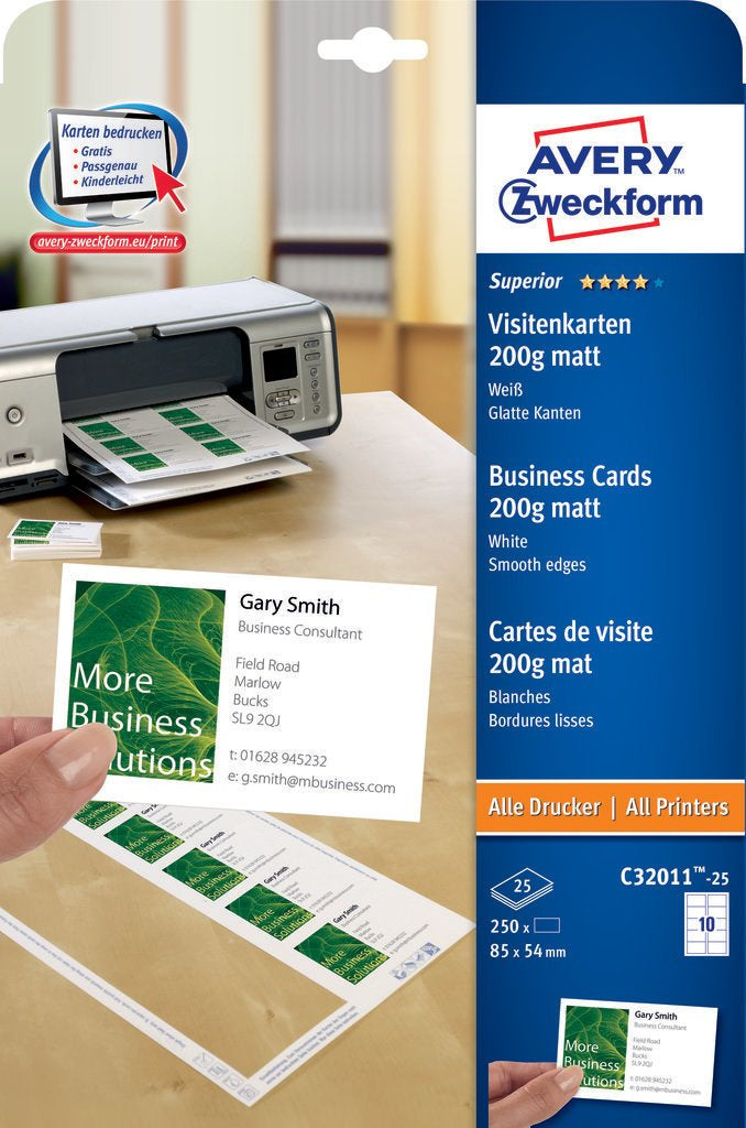 Avery Visitenkarten, 85 × 54 mm – für Laser/Inkjet/Kopierer – A4, 10 pro Blatt – 250 Karten – FSC-zertifiziert