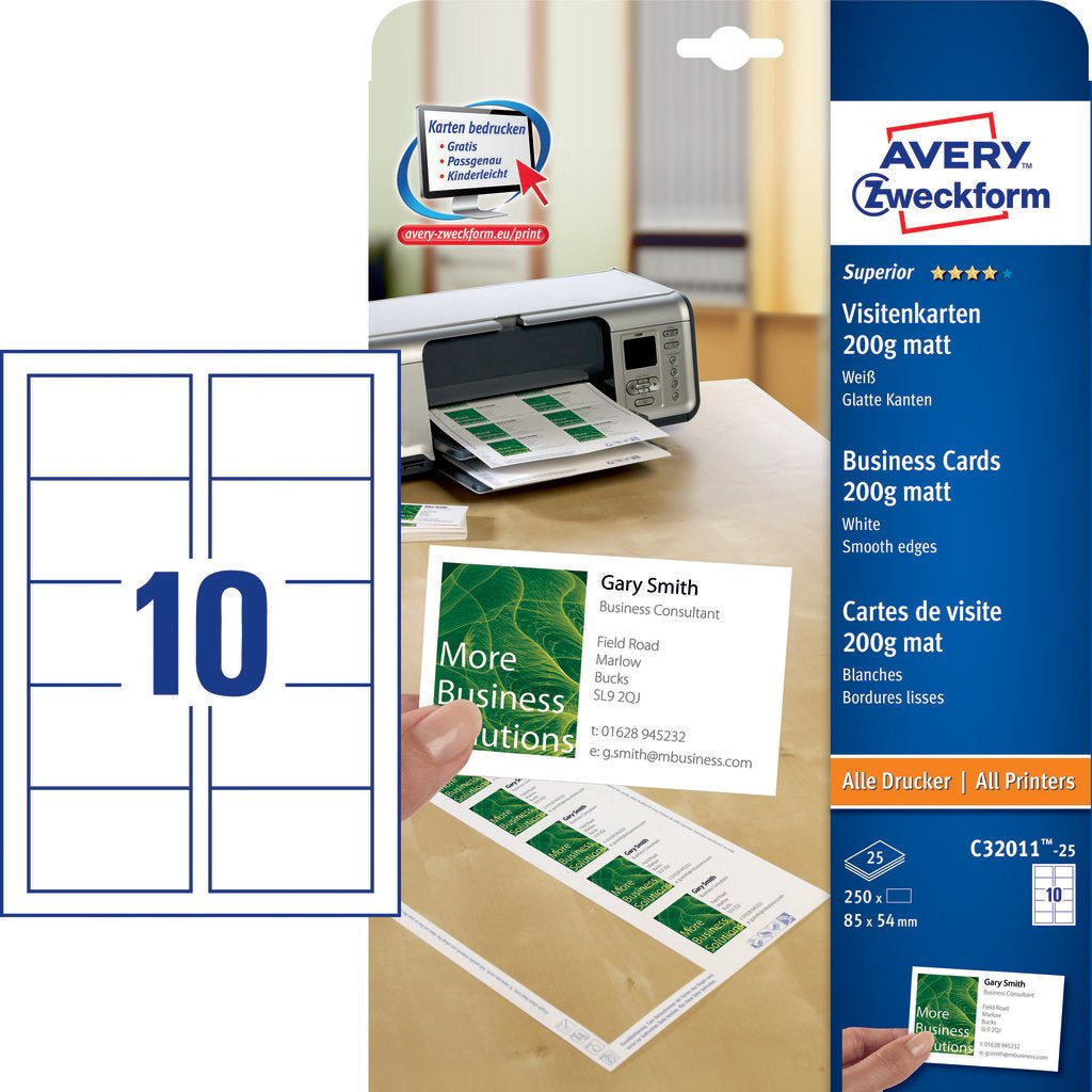 Avery Visitenkarten, 85 × 54 mm – für Laser/Inkjet/Kopierer – A4, 10 pro Blatt – 250 Karten – FSC-zertifiziert