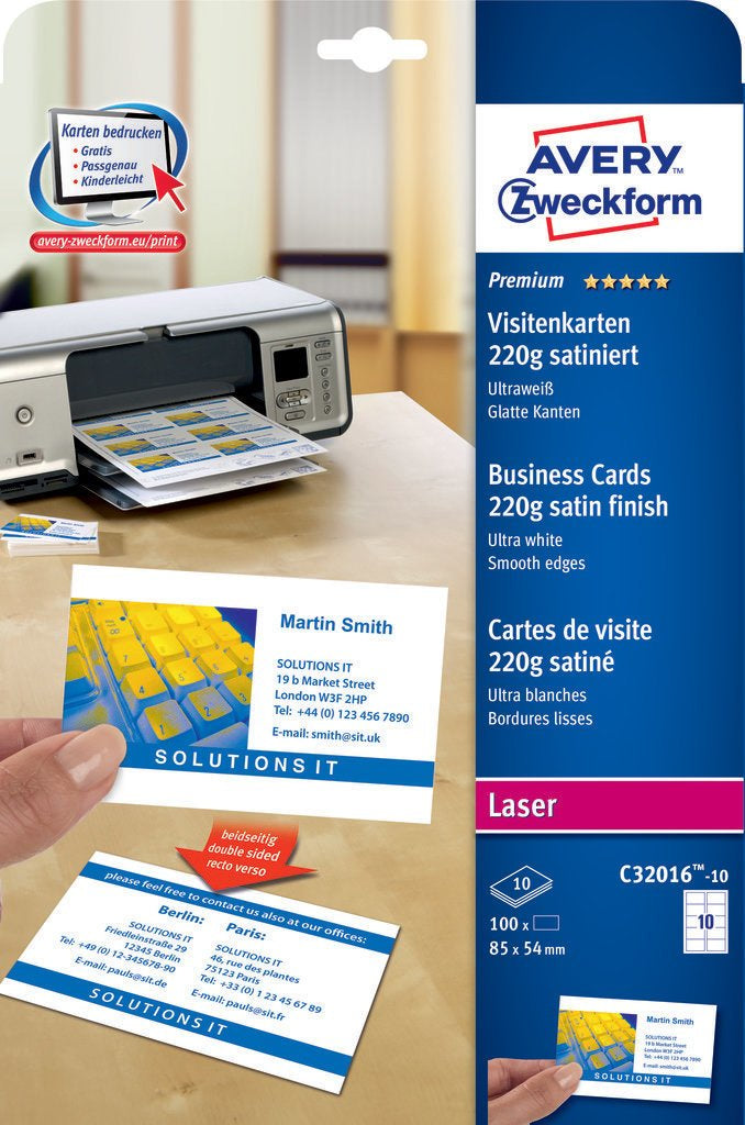 Avery Zweckform Quick&Clean Visitenkarten – 85 × 54 mm, schnittglatt (ohne Perforation), 100 Karten