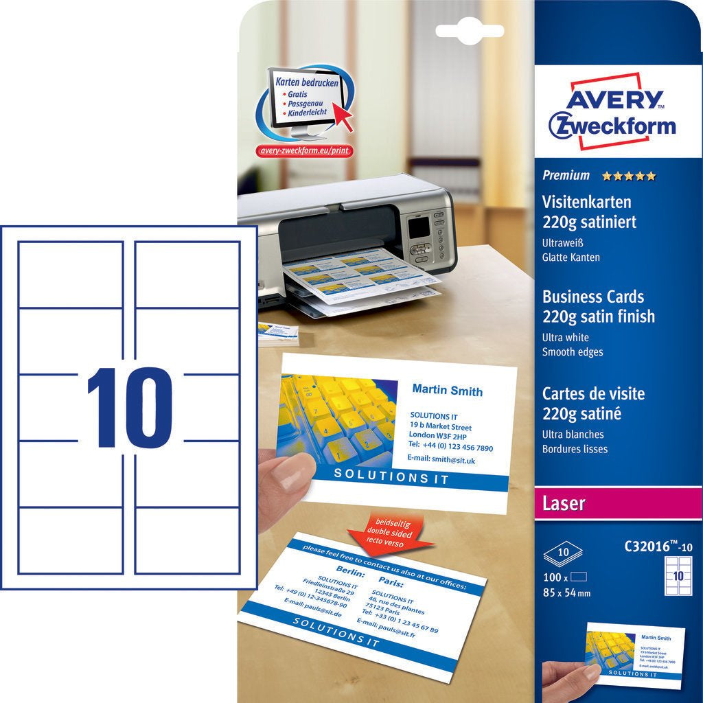 Avery Zweckform Quick&Clean Visitenkarten – 85 × 54 mm, schnittglatt (ohne Perforation), 100 Karten