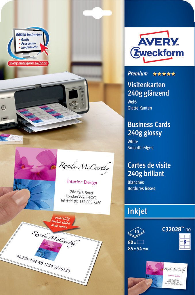 Avery Zweckform Visitenkarten – 85 × 54 mm, 240 g/m², für Inkjet, schnittglatt (ohne Perforation), 80 Karten