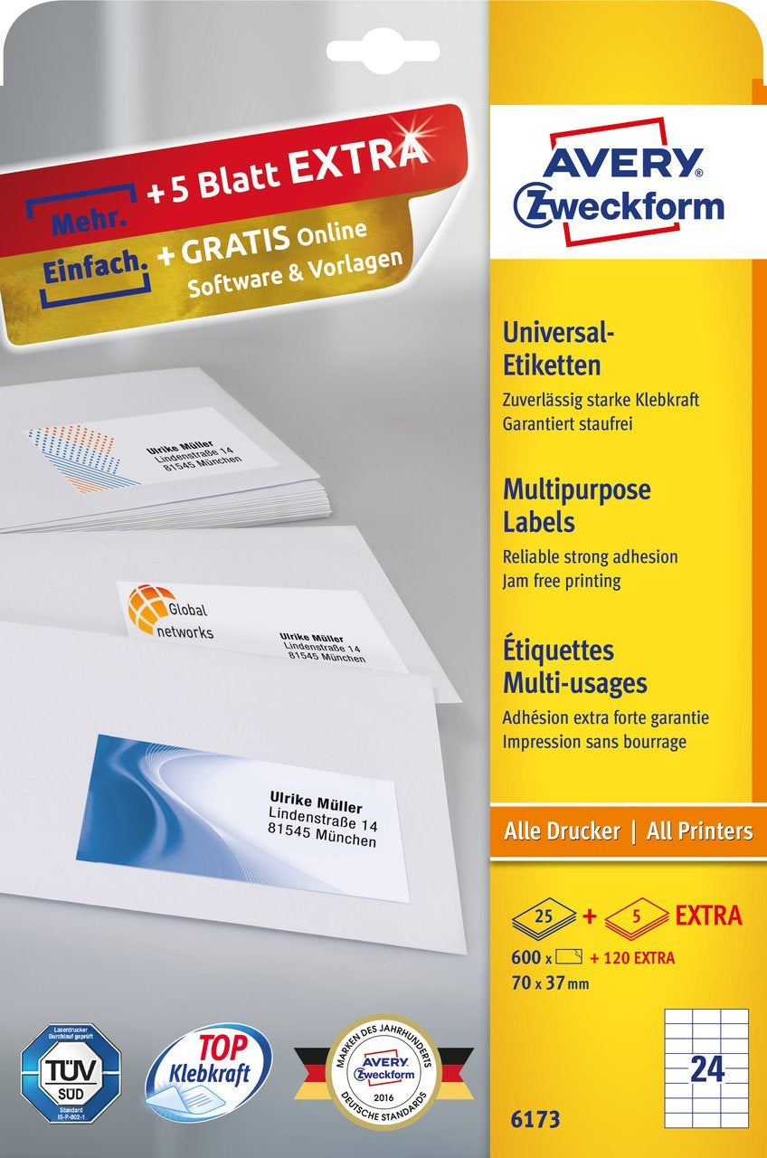 AVERY Zweckform – Etiketten A4 70 × 37 mm – 24 pro Blatt, 30 Blätter (720 Stk.) – permanent haftend – Laser/Inkjet