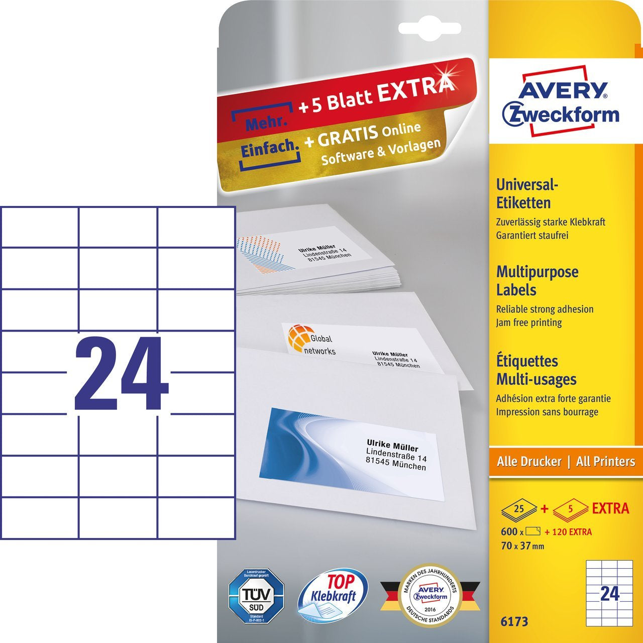 AVERY Zweckform – Etiketten A4 70 × 37 mm – 24 pro Blatt, 30 Blätter (720 Stk.) – permanent haftend – Laser/Inkjet