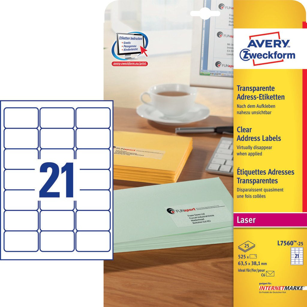 Avery Bogenetiketten, 64 mm × 38 mm, transparent, Folie, permanent, 25 Blatt (525 Etiketten)