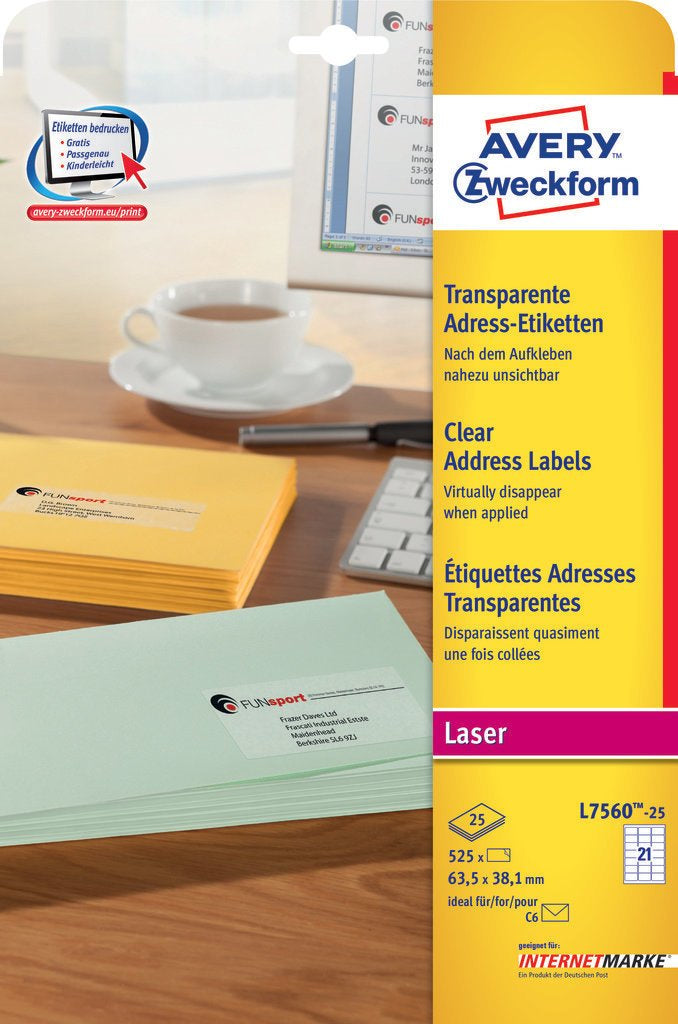 Avery Bogenetiketten, 64 mm × 38 mm, transparent, Folie, permanent, 25 Blatt (525 Etiketten)