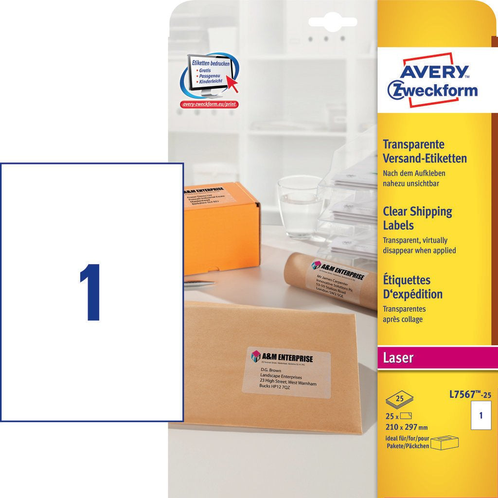 Avery Drucketiketten, 210 mm × 297 mm, transparent, Folie, permanent, 25 Blatt
