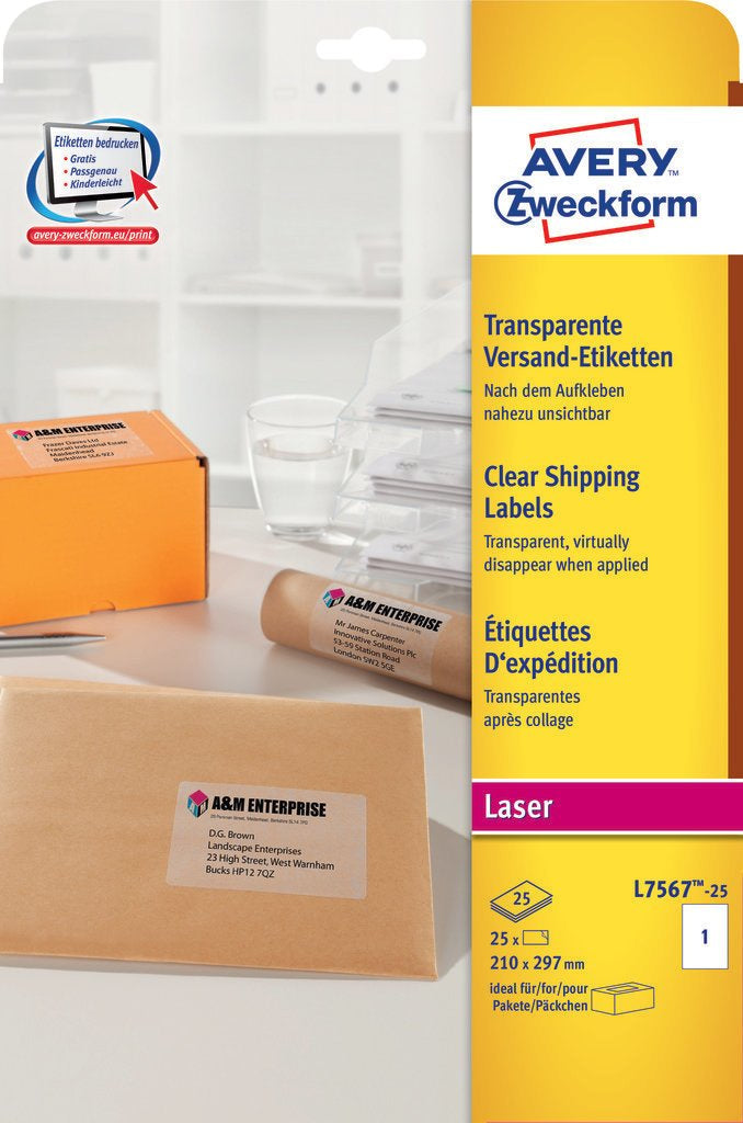 Avery Drucketiketten, 210 mm × 297 mm, transparent, Folie, permanent, 25 Blatt