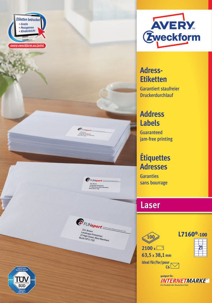 Avery Adressetiketten, 64 mm × 38 mm, weiss, Papier, permanent, 2100 Etiketten (100 Blatt)