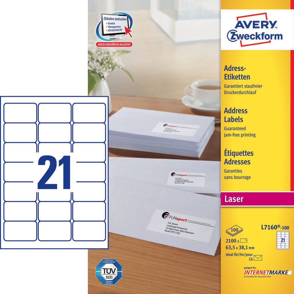 Avery Adressetiketten, 64 mm × 38 mm, weiss, Papier, permanent, 2100 Etiketten (100 Blatt)