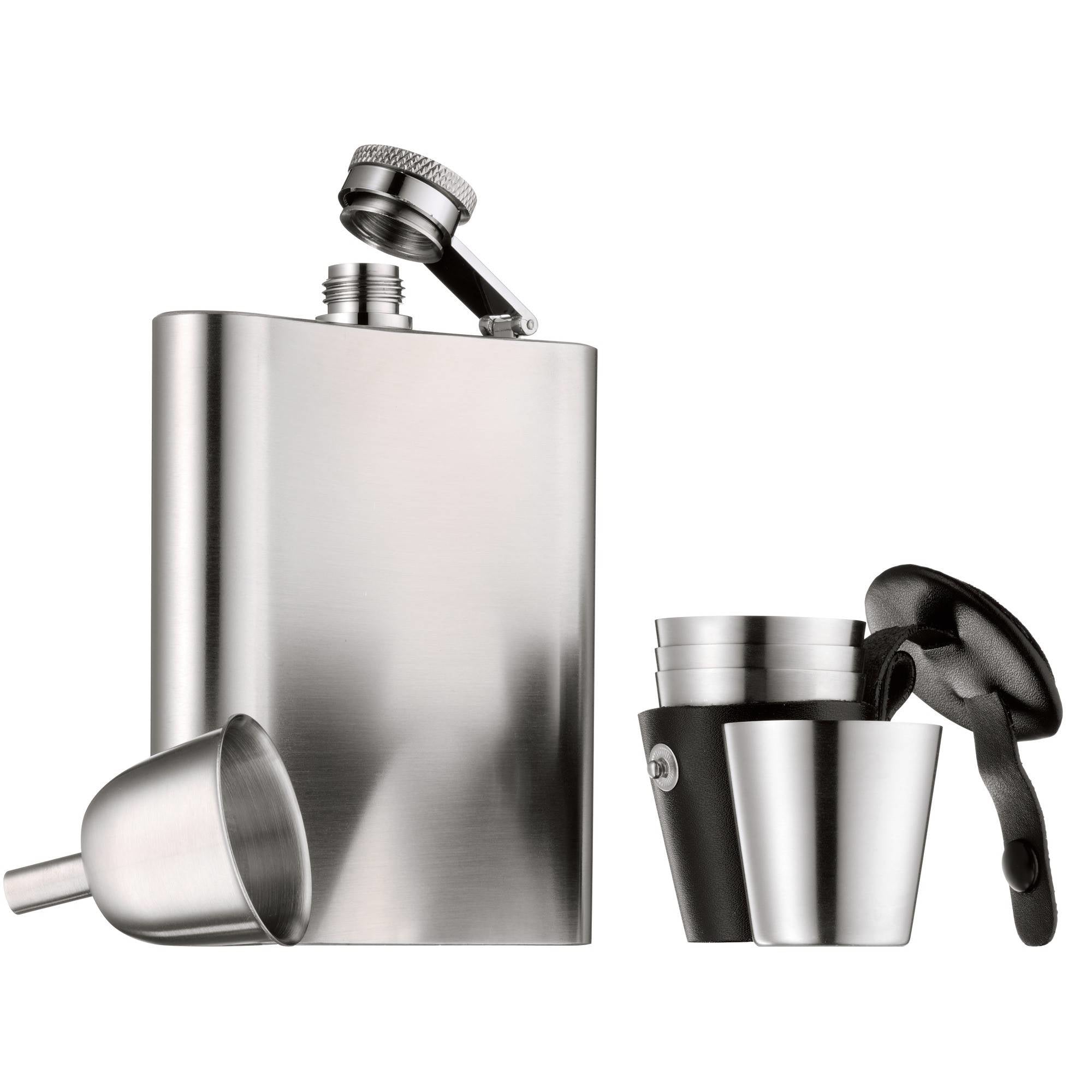 WMF Flachmann Manhattan – 200 ml, Leder, Silber, inkl. Trichter und 4 Schnapsgläser im Lederetui