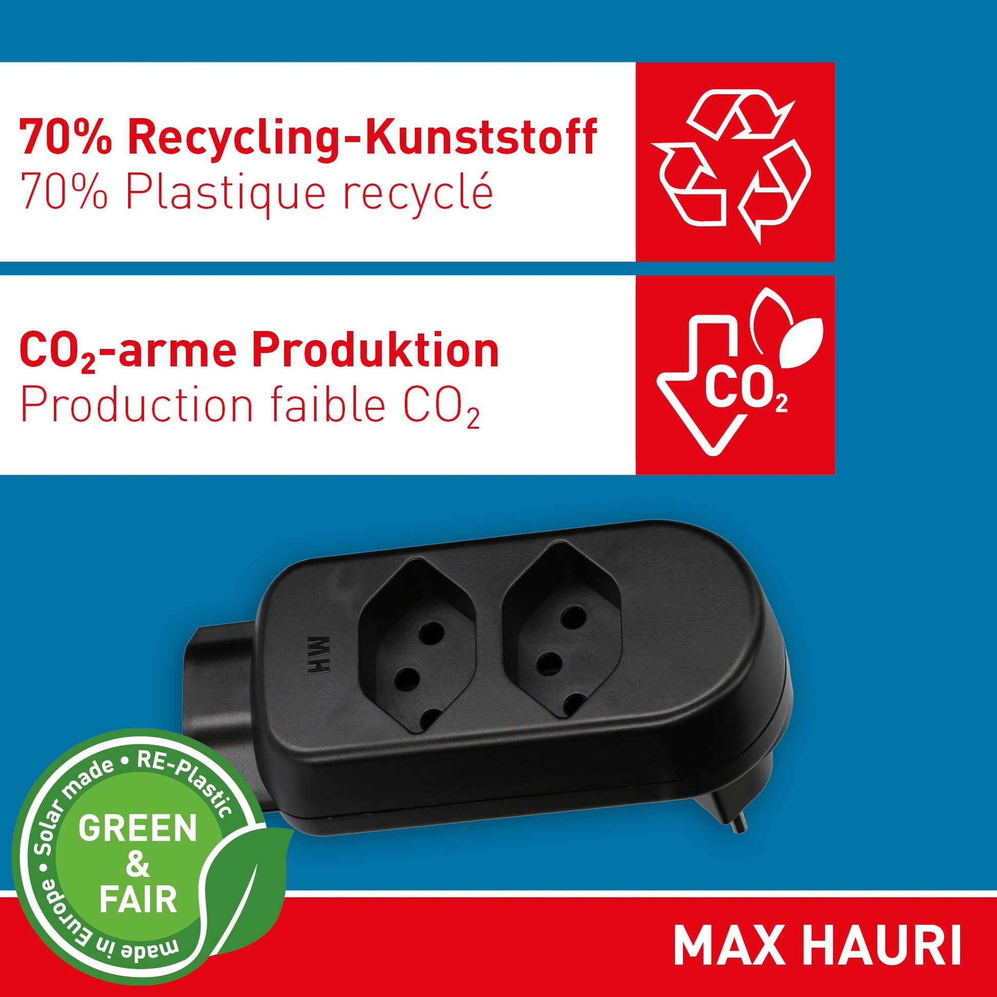 Max Hauri AG Max Hauri maxADAPT 2+1xT13 Abzweigstecker – T12 zu 2× T13, 230–250 V, 10 A, drehbar 320° – Schwarz