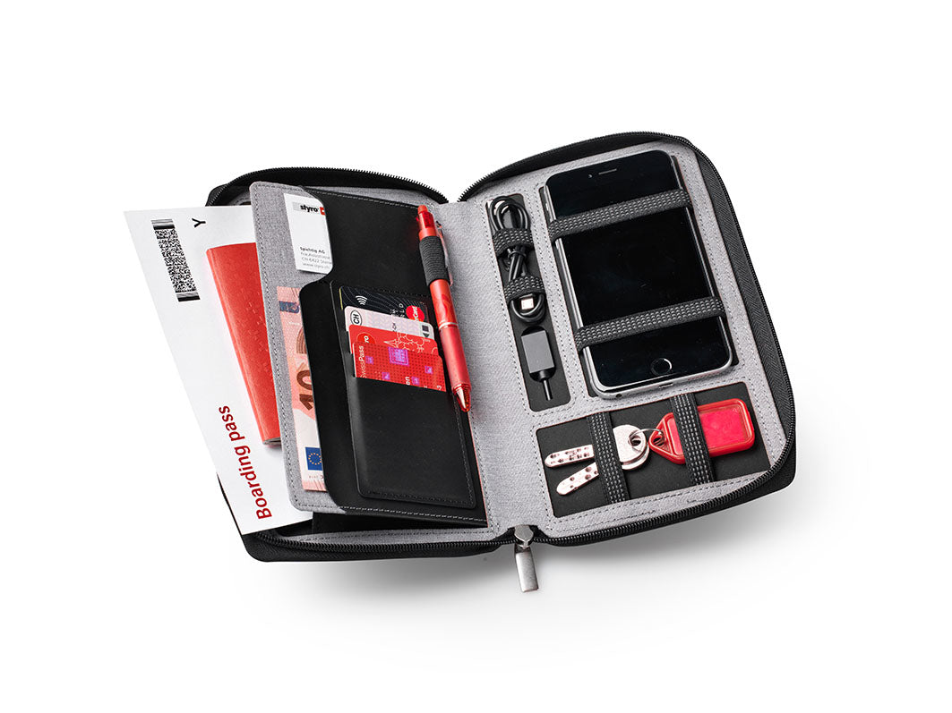 Dufco Reisemappe Smart Organizer – Powerbank 4000 mAh, wasserfest – für Smartphones bis 6" – grau