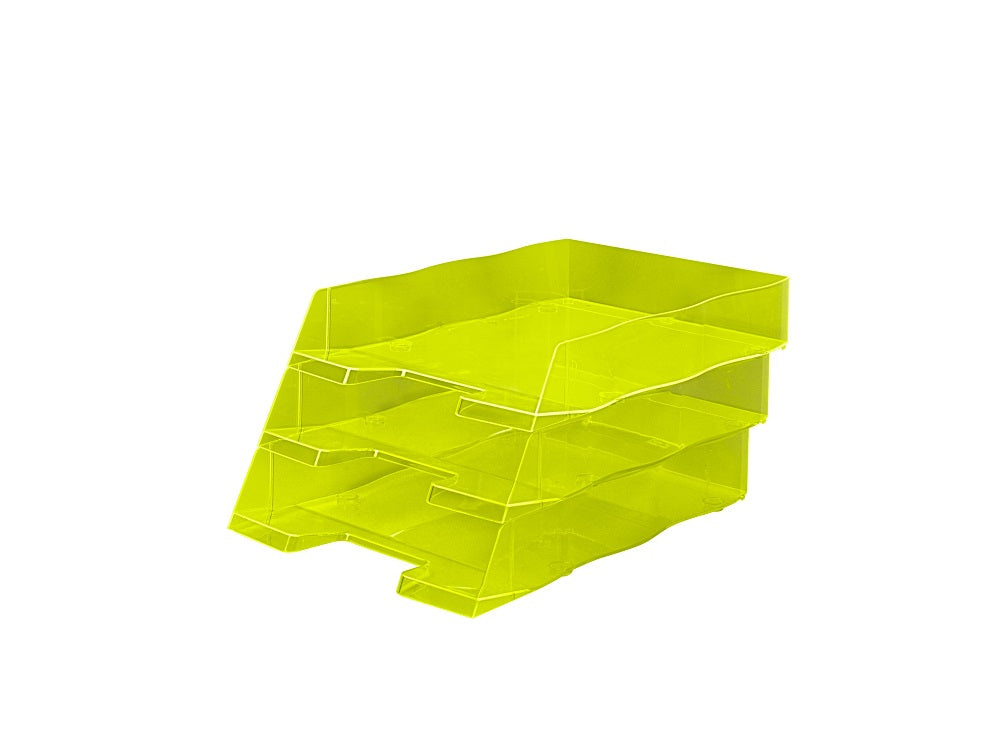 Styro Briefkorb – mit Griffausschnitt, mit Beschriftungsfeld, glänzend, neongelb, B 255 × H 62 × T 360 mm