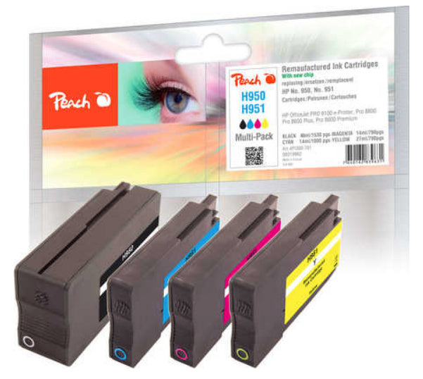 Peach Tintenpatronen-Multipack 950/951, CMYK, 4er-Pack, kompatibel – für HP OfficeJet Pro 251, 8600, 8610 und andere