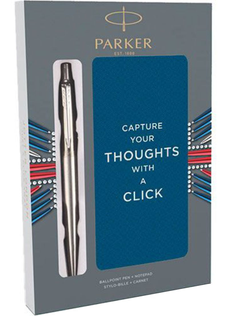 Parker Schreibset – Kugelschreiber Jotter St. Steel CT + Notizbuch – Silber, Medium, Druck, Stahl