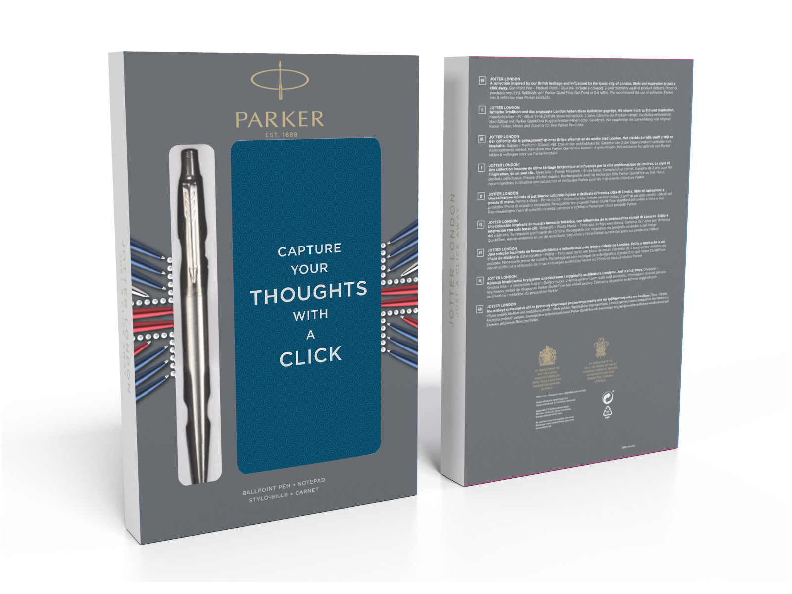 Parker Schreibset – Kugelschreiber Jotter St. Steel CT + Notizbuch – Silber, Medium, Druck, Stahl