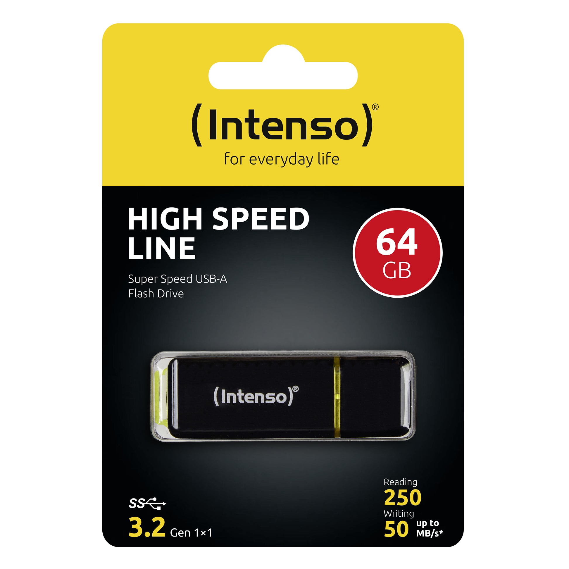 Intenso High Speed Line 3537490 USB-Stick 64 GB – USB-A 3.2 Gen 1, 250/50 MB/s, mit Kappe, Schwarz, Gelb
