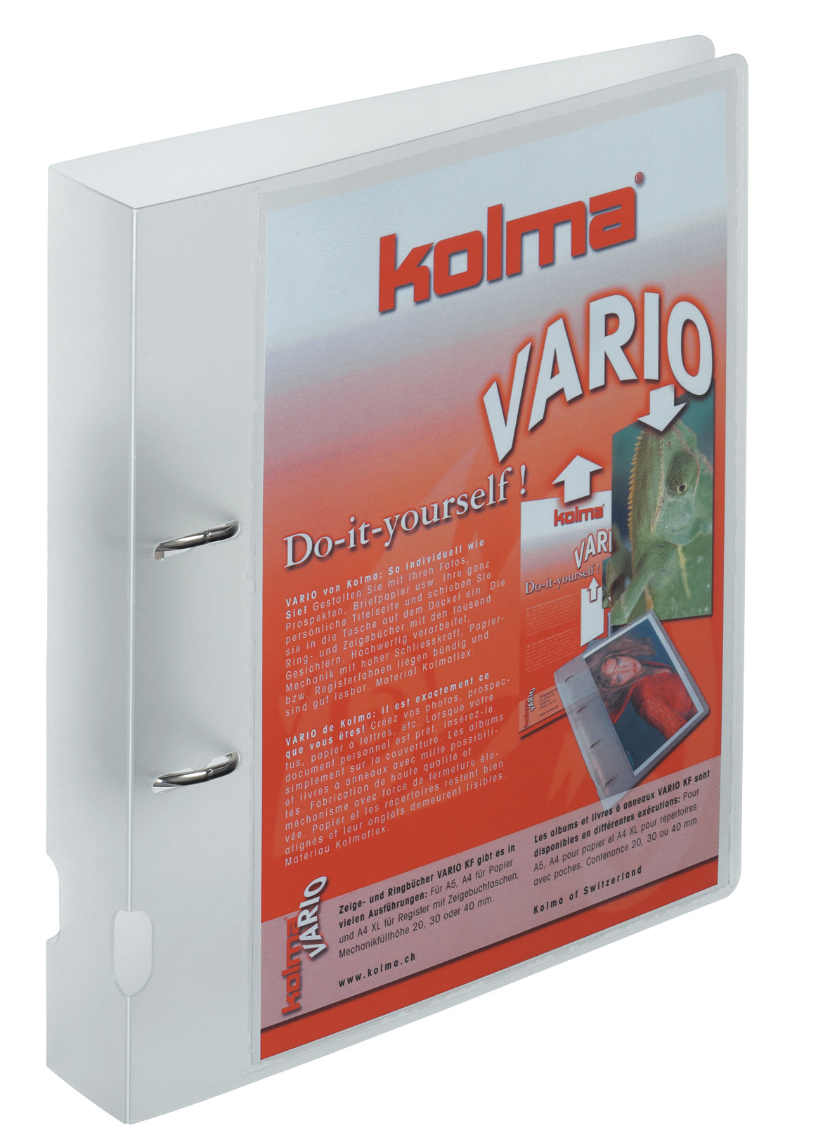 Kolma Ordner Vario – A4 hoch – 2-Ring Bügelmechanik, Ø 40 mm, Rücken 49 mm – transparent, mit Sichttasche