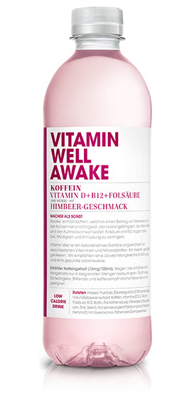 Vitamin Well Vitaminwasser Awake Himbeere mit Koffein ohne Kohlensäure – 5 dl