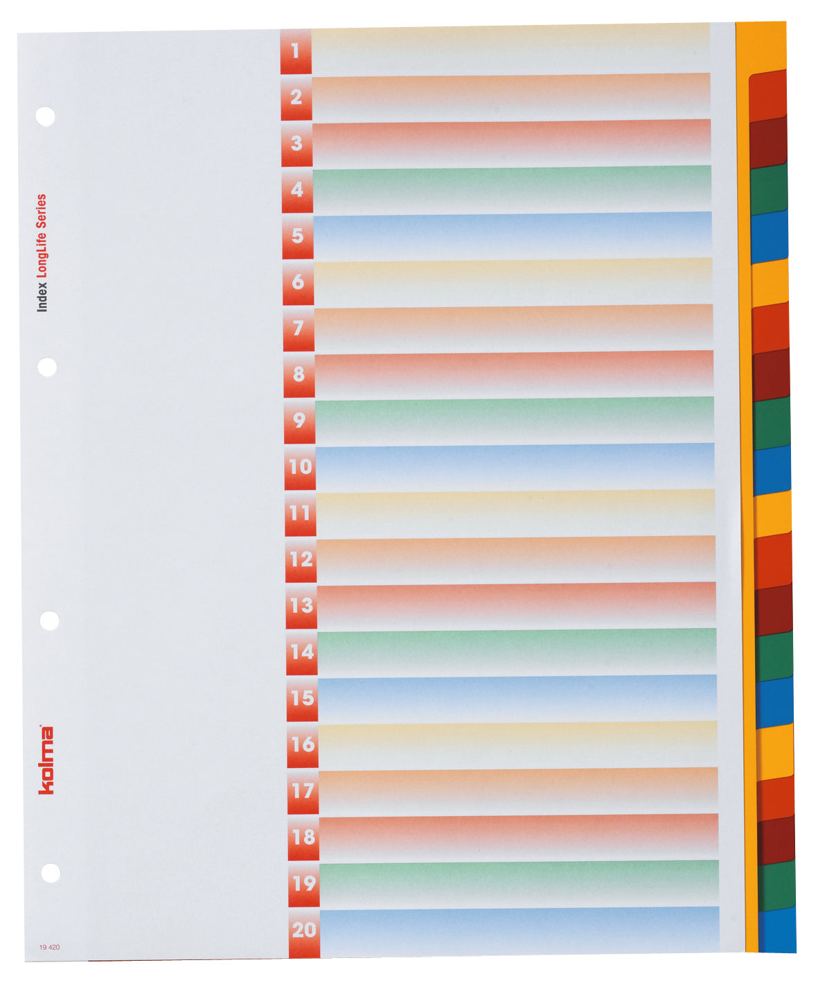 Kolma Register – 20-teilig, PVC, farbig, unbedruckt, mit Indexblatt, 4-fach Lochung, für A4 hoch überbreit
