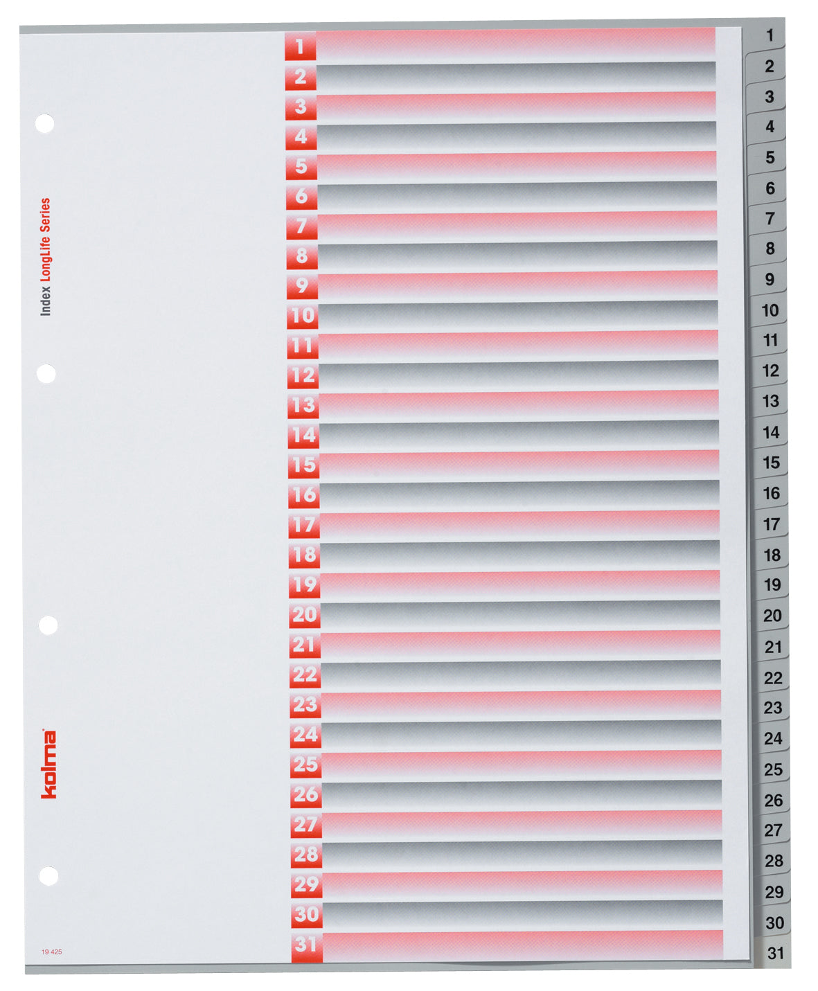 Kolma LongLife XL Register – 31-teilig, PVC, grau, vorgedruckt, 4-fach Lochung, für A4 hoch überbreit