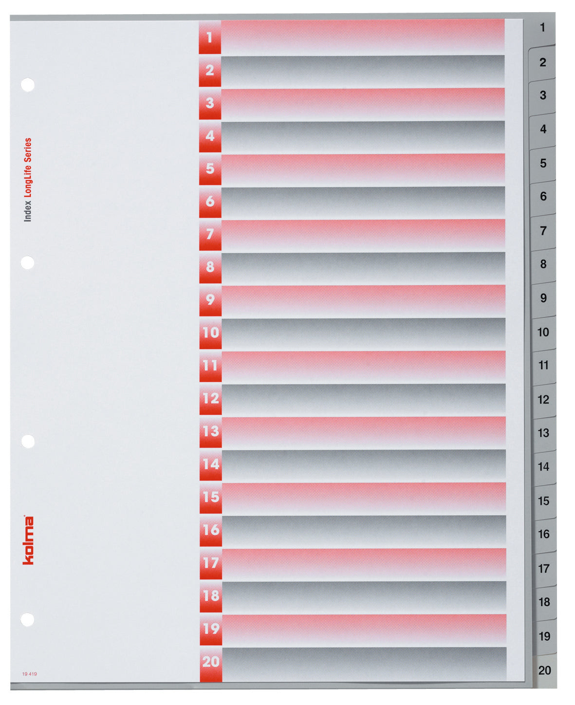 Kolma LongLife XL Register – A4, 20-teilig, PVC, grau, mit Indexblatt, für A4 hoch überbreit