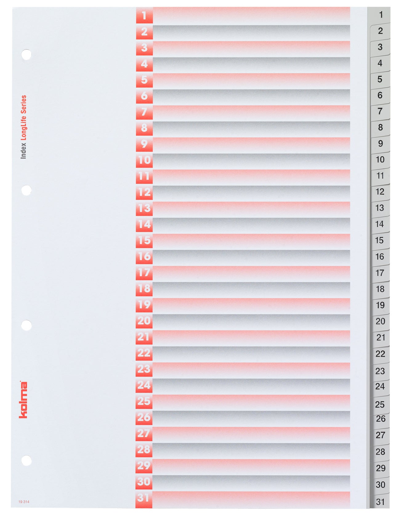 Kolma LongLife Register – A4, 31-teilig, PVC, grau, vorgedruckt, mit Indexblatt, 4-fach Lochung