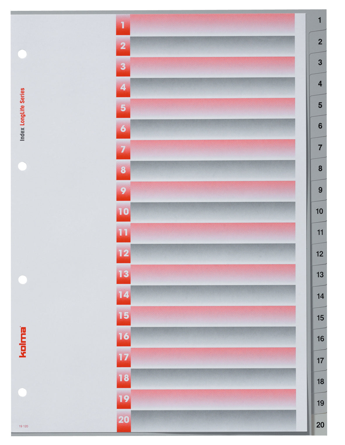 Kolma LongLife Register – 20-teilig, PVC, grau, 4-fach gelocht, Indexblatt, für A4 hoch