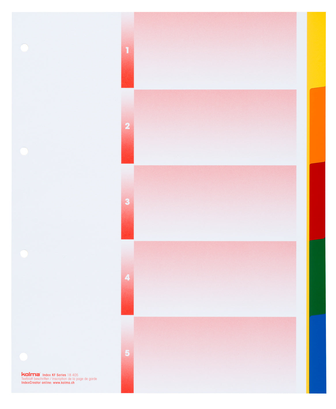 KolmaFlex XL Register – A4, 5-teilig, PP, farbig, unbedruckt, mit Indexblatt, 4-fach Lochung