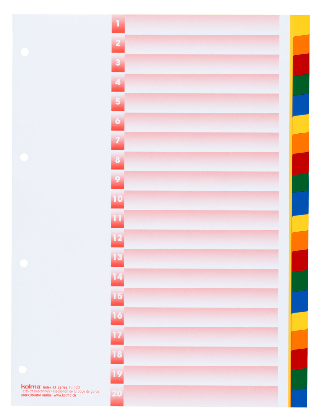 KolmaFlex Register – A4, 20-teilig, PP, farbig, unbedruckt, 4-fach Lochung, mit Indexblatt