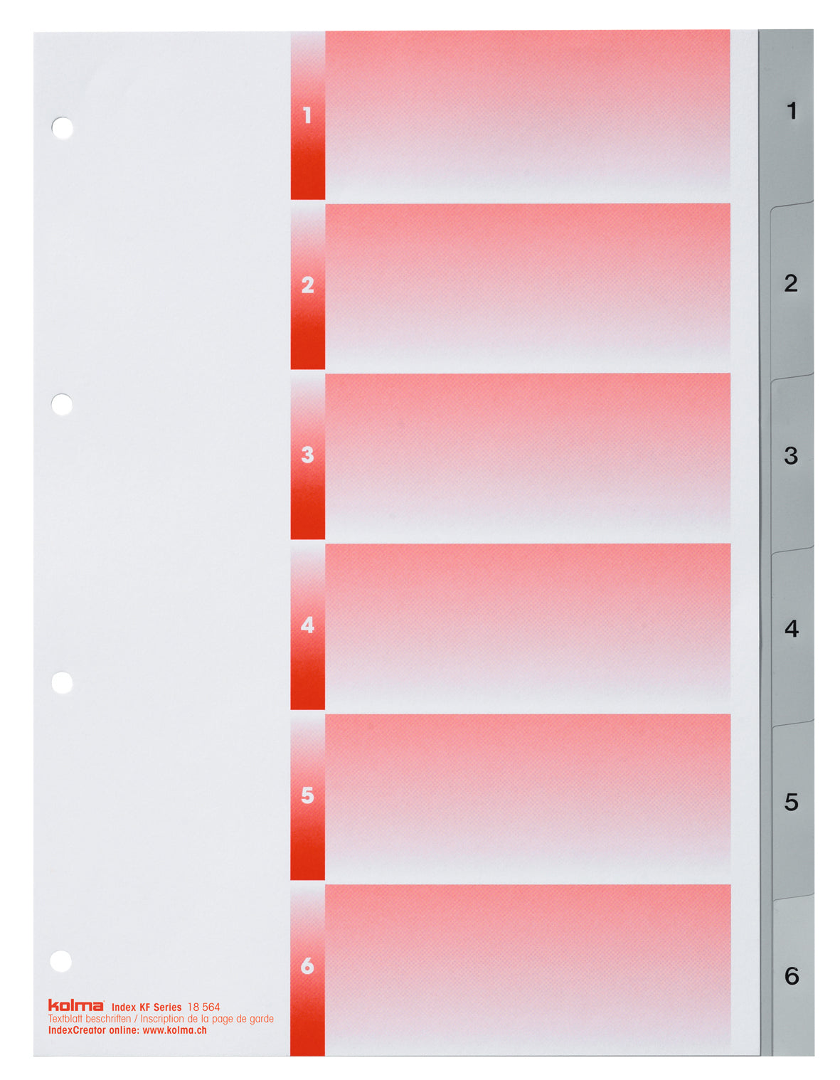 KolmaFlex Register – A4, 6-teilig, PP, grau, vorgedruckt, nummeriert 1–6, 4-fach gelocht, Indexblatt