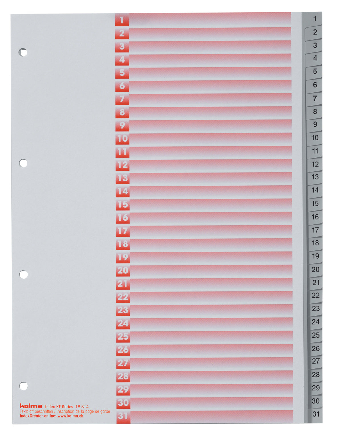 KolmaFlex Register – A4, 31-teilig, PP, grau, vorgedruckt, 4-fach Lochung, für A4 hoch
