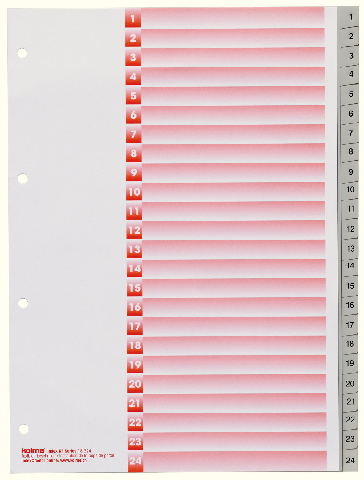 KolmaFlex Register – A4, 24-teilig, PP, grau, vorgedruckt, mit Indexblatt, 4-fach Lochung, nummeriert