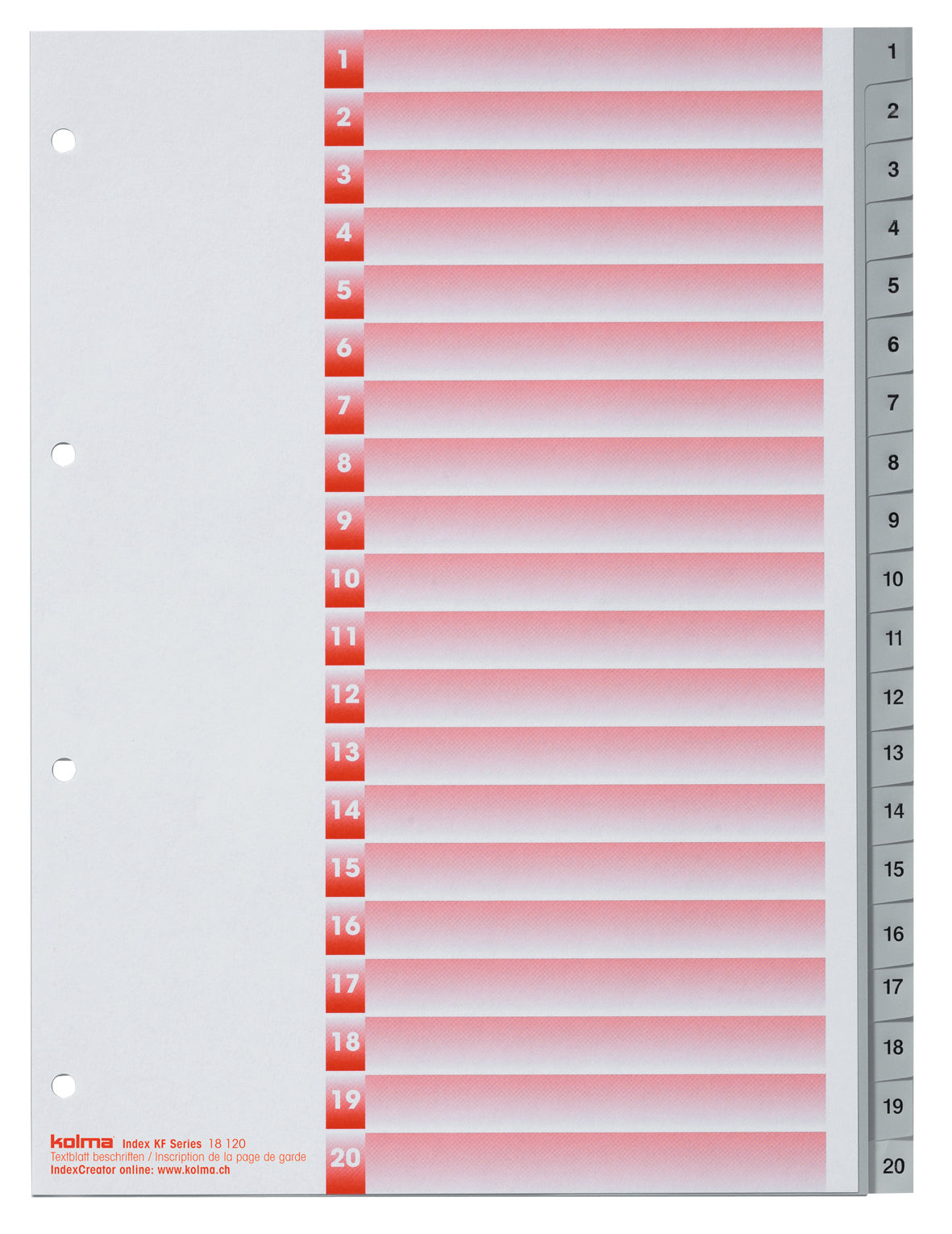 KolmaFlex Register – A4, 20-teilig, PP, grau, vorgedruckt, 4-fach gelocht