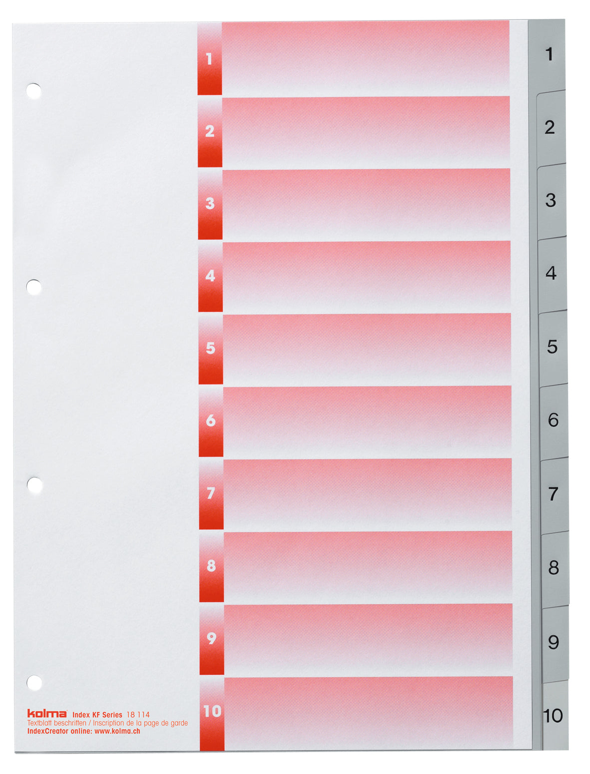 Kolma Register – A4, 10-teilig, PP, grau, nummeriert, mit Indexblatt, 4-fach Lochung, für A4
