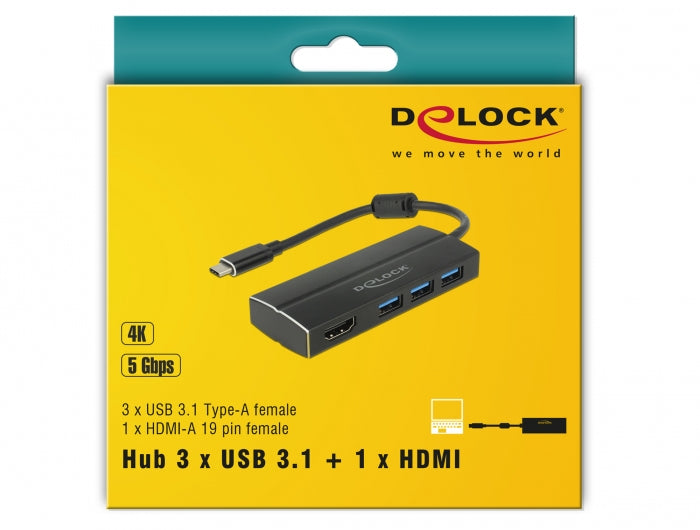 DeLOCK 63931 USB-Hub – USB-C, 1× HDMI, 3× USB-A, für Windows/Mac/ChromeOS