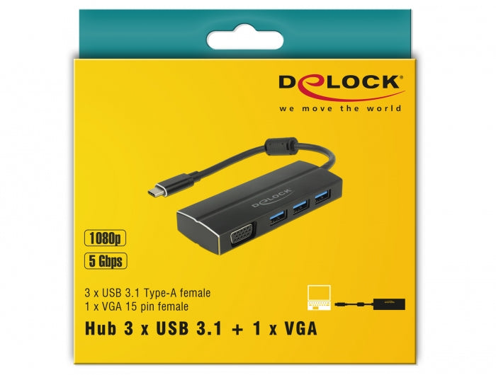 DeLOCK 63932 Multiport-Adapter – USB-C, 1× VGA, 3× USB-A, für Windows/Mac/Linux