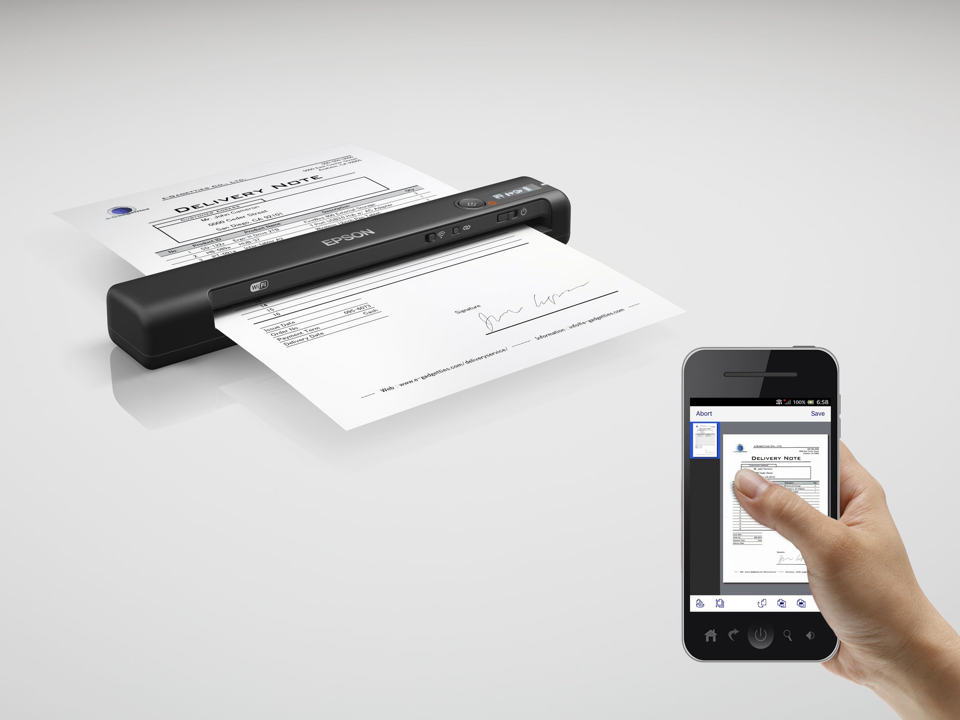 Epson WorkForce ES-60W – Mobiler Scanner, A4, 15 ppm, 600 dpi, ADF 1 Blatt, WLAN, USB