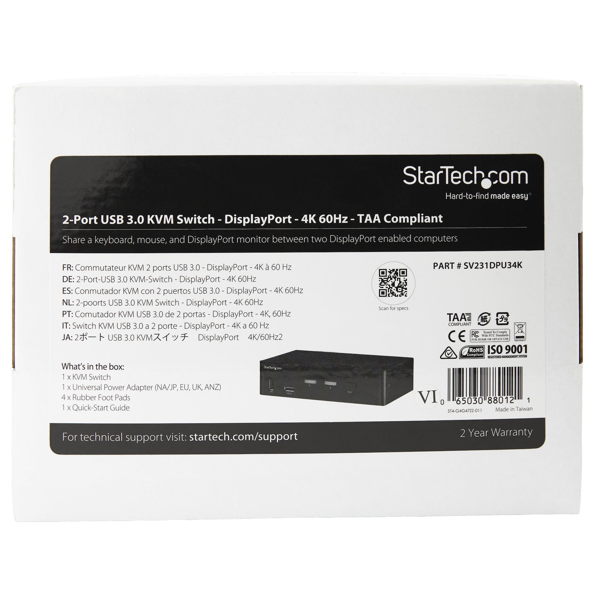 StarTech.com KVM-Switch – 2-Port DisplayPort – 4K/60 Hz, USB 3.0-Hub, Audio