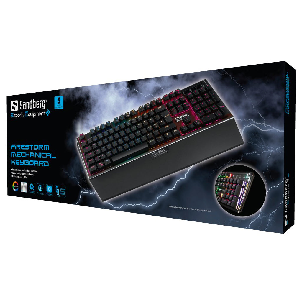 Sandberg FireStorm Mech – Gaming-Tastatur – mechanisch, Blau – USB – RGB – AZERTY (BE) – mit Handballenauflage