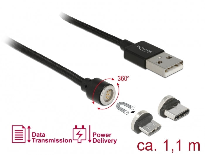 DeLOCK USB-A auf Micro-USB-B Kabel – USB 2.0 (480 Mbit/s) – 1,1 m – Magnetisch, Textilmantel – Schwarz
