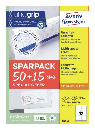 AVERY Zweckform – Etiketten A4 97 × 42 mm – weiss – permanent haftend – Laser/Inkjet – 65 Blätter (780 Stk.)
